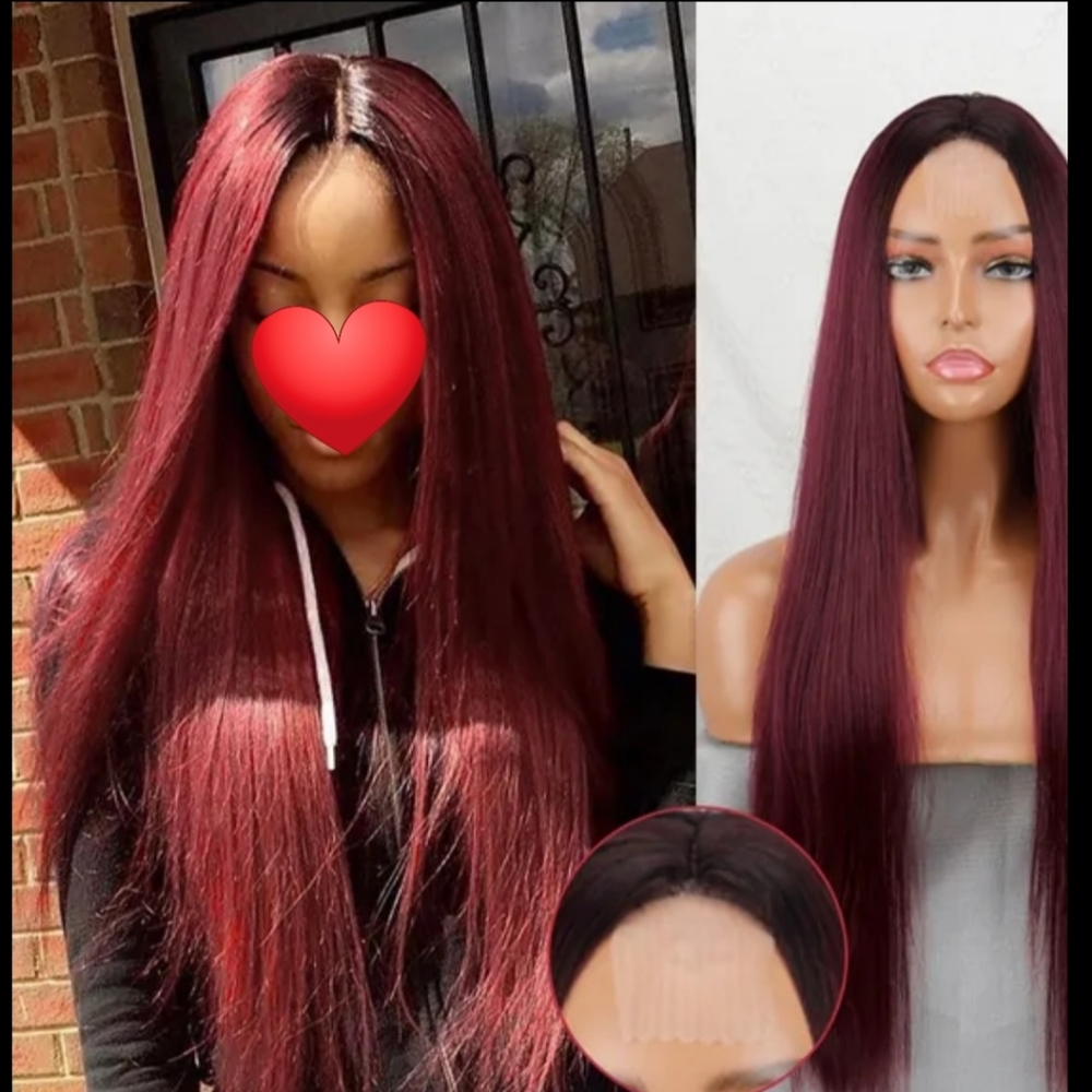 🎁Straight hair wig 26 inches.  Lace frontal. Wine color.